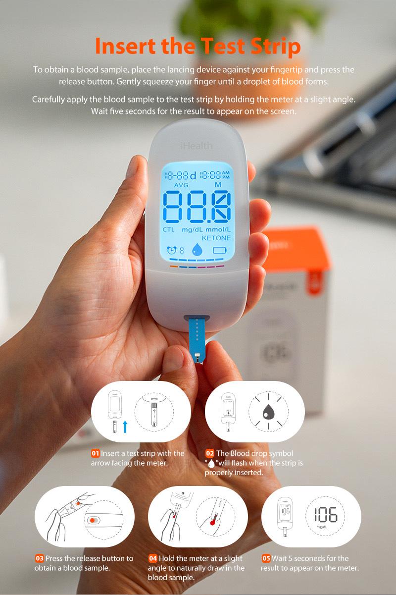 iHealth Acacia Blood Glucose Monitor Kit with 100 Glucometer Strips, 100 Lancets, 1 Blood Sugar Monitor, 1 Lancing Device & Travel Bag for Diabetes Testing