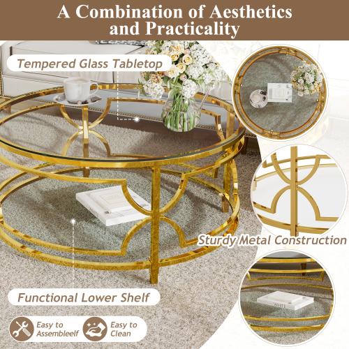 【Bellemave】 Round Tempered Glass Coffee Table in 30.7",Luxurious Geometric Metal Frame,Gold Finish & Lower Shelf