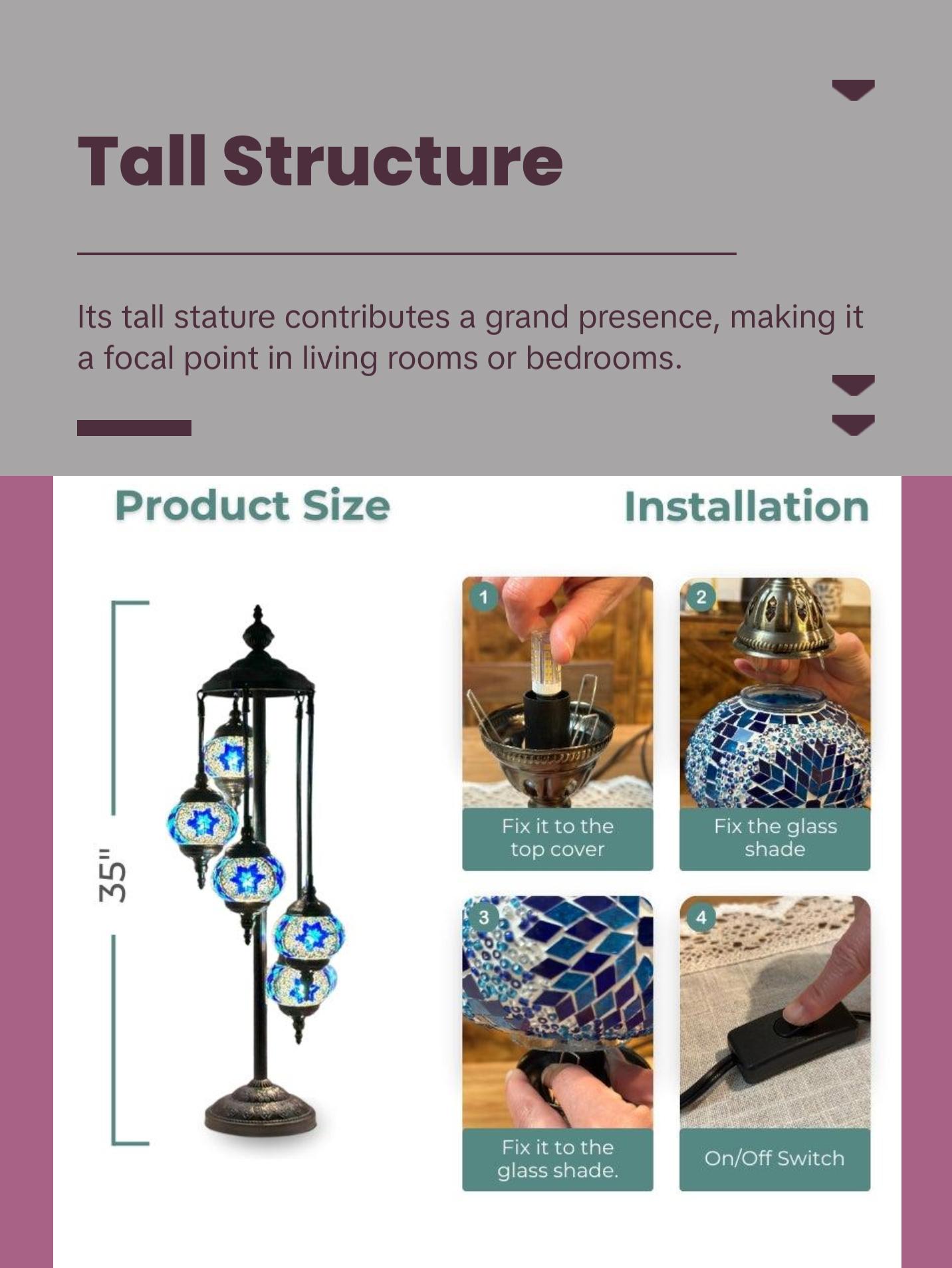 Majestic Blue Turkish Floor Lamp with 5 Mosaic Globes