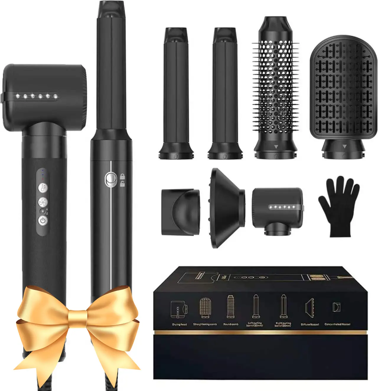7-in-1 Ionic Hair Dryer Brush Set, Powerful Home Use Hair Tool with Adjustable Speed, Concentrator, Air Curler, Diffuser, Fast Drying, Volumizing, Curling, Straightening, Smoothing, 100-120V, Gift-Ready Home & Party Supply, Diffuser Curly Hair