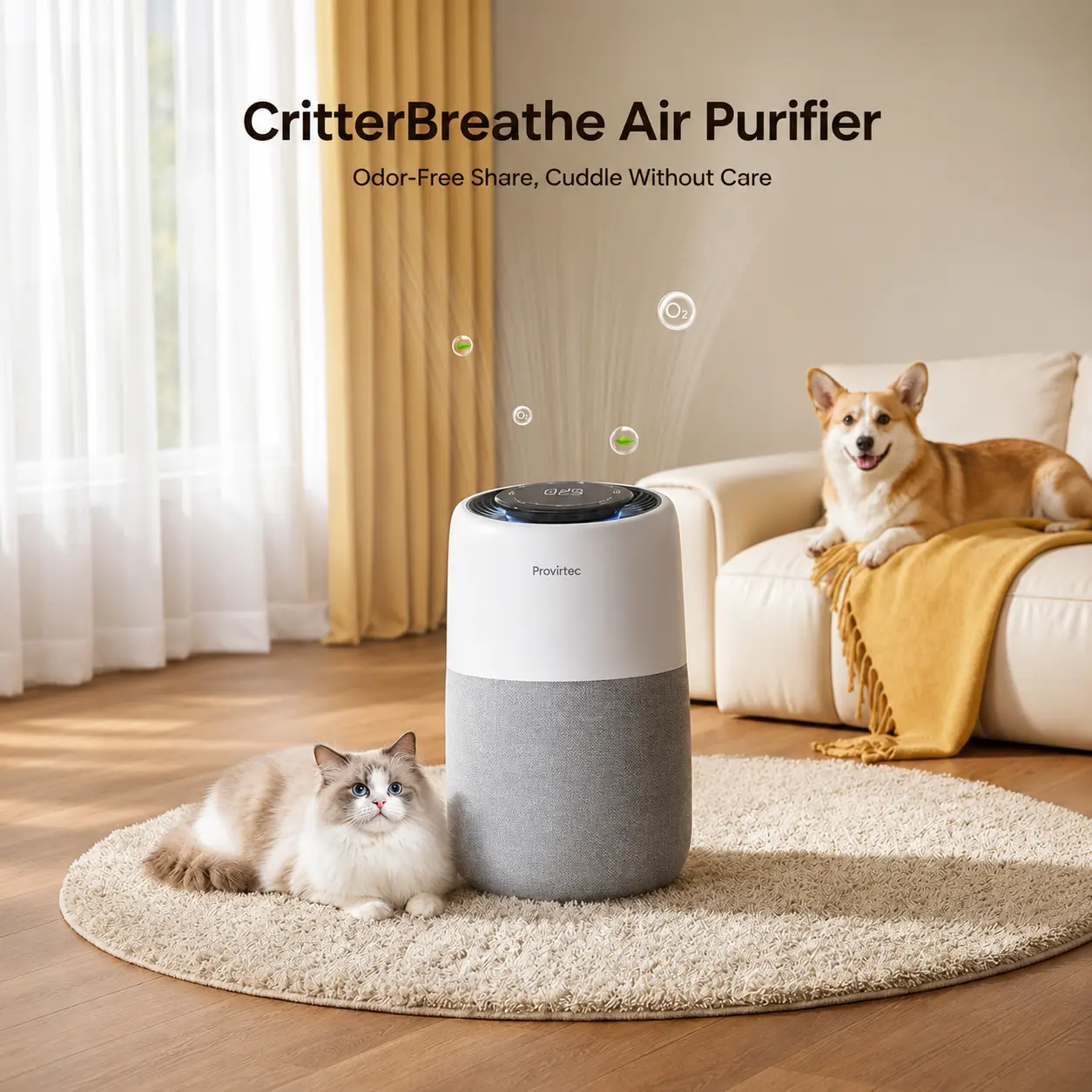 Provirtec Pet Air Purifier for Home & Bedroom, Powerful Odor Eliminator for Pet Smells, Smoke & Cooking Odors, HEPA Air Purifier with PM2.5 Sensor, Quiet Air Purifier with 365-Day Washable Filter