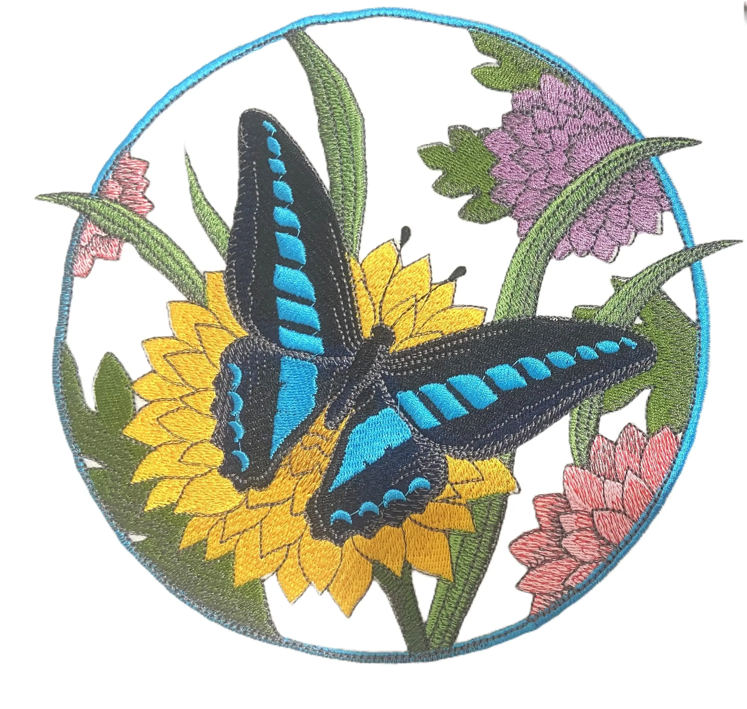 Common Bluebottle Butterfly Circle Embroidered Patch (7.79" x 7.23") | Iron-On or Sew-On | Butterfly Applique for Jackets, Aprons & DIY Fashion