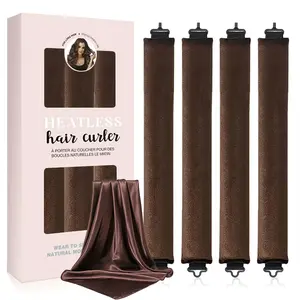 Overnight Heatless Curler Kit – 4 Velvet Curling Rods + Satin Hair Scarf, Flannel Soft Texture for Comfortable Sleep, Heat-Free Long-Lasting Curls for All Hair Types (Brown)