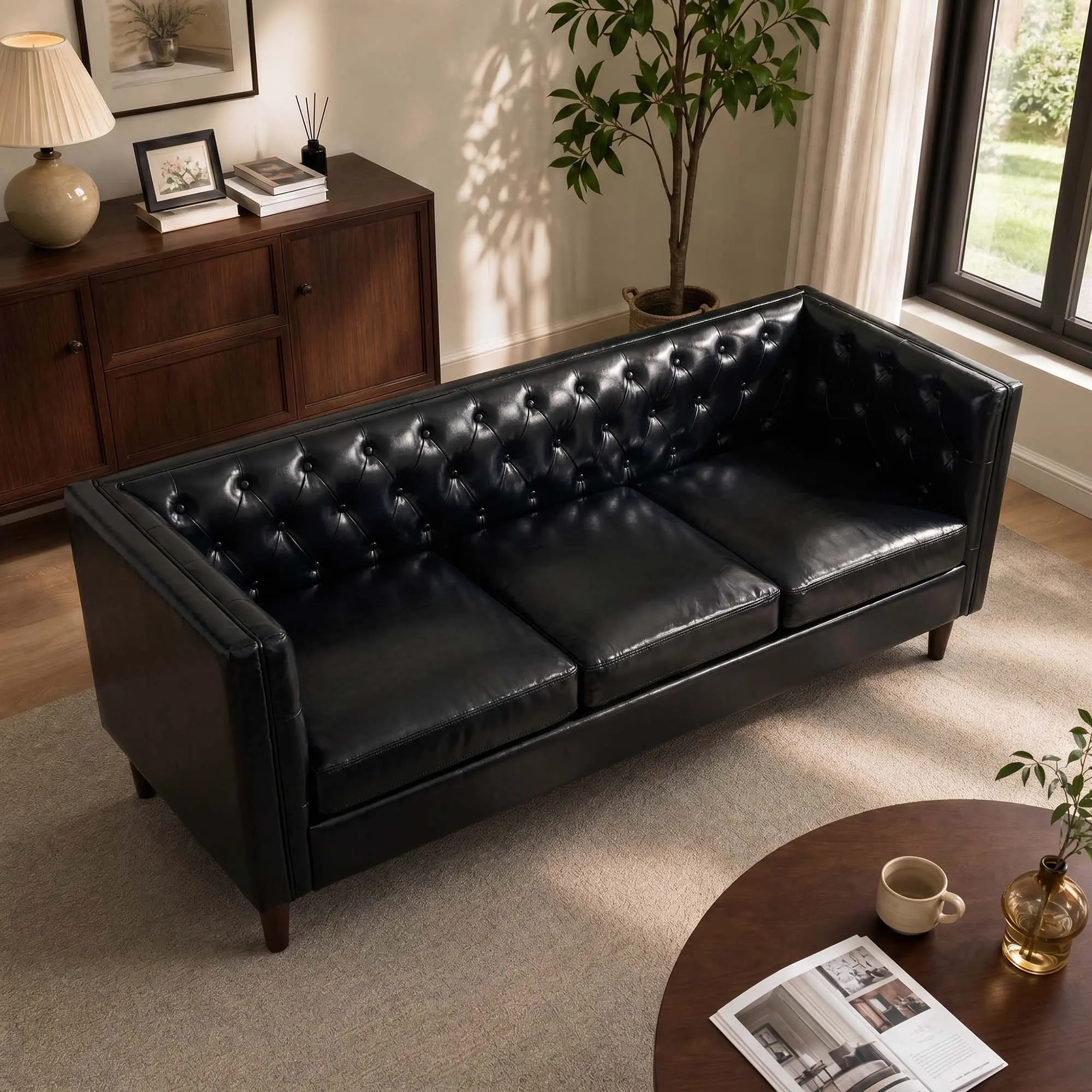 81" Modern Leather Couch for Living Room, Mid Century Leather Sofa with Deep Seat, Handmade Button Tufted Sofa, Chesterfield 3-Seat Couch for Apartment, Office