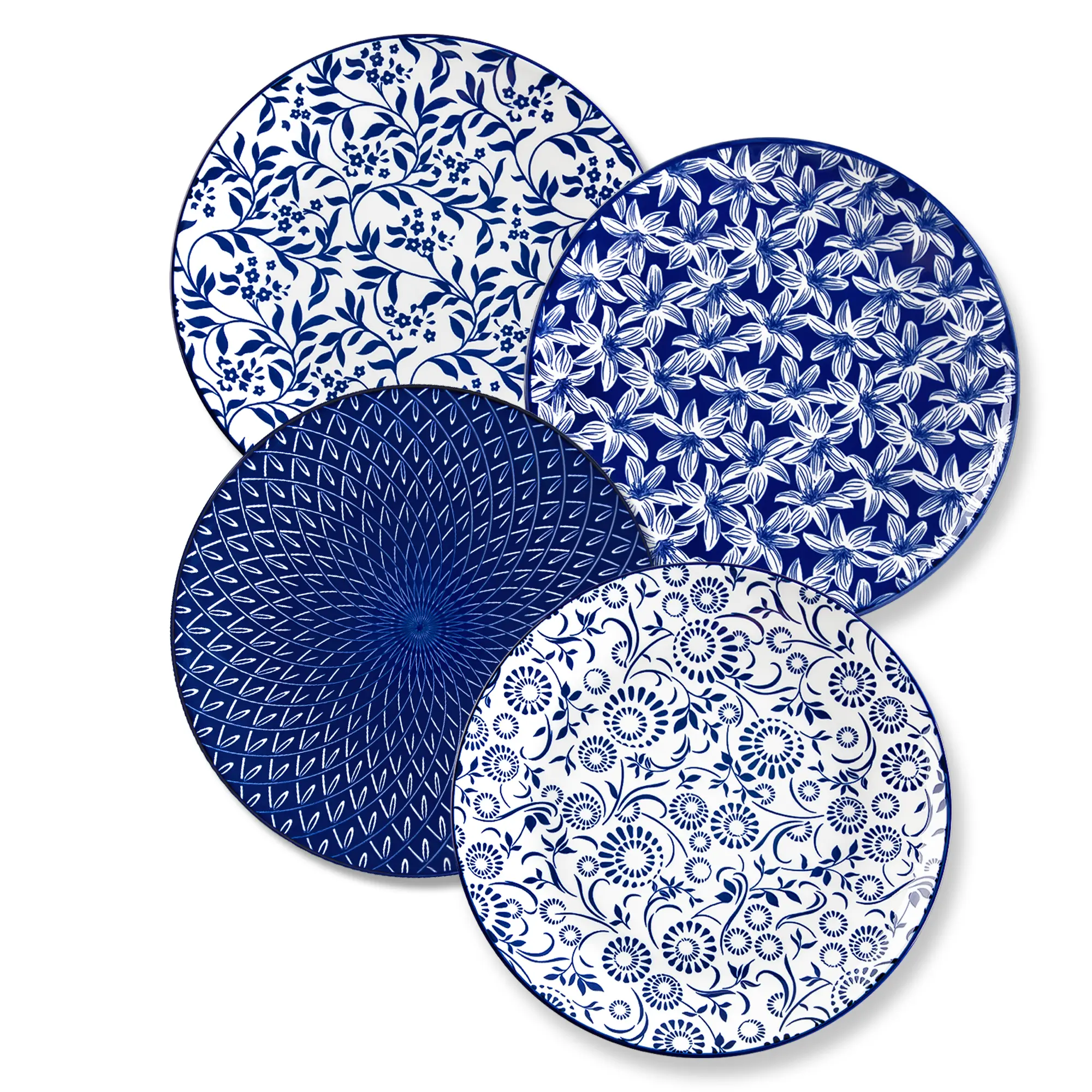 vancasso Vintage Blue Ceramic Plates Set of 4, 10.25" Dinner Plates or 8.25" Dessert Plates, Porcelain Blue & White, Microwave Safe & Dishwasher Safe