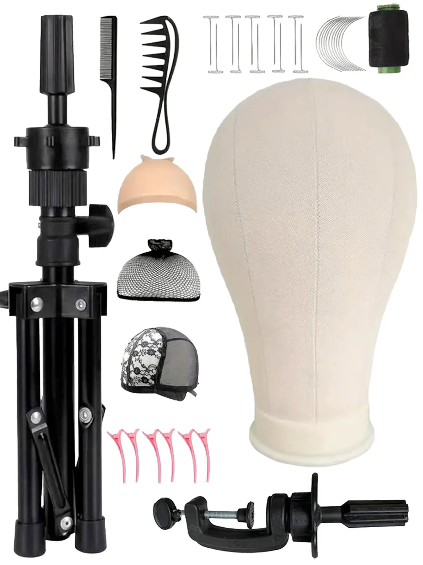 22 Inch Canvas Wig Head with Adjustable Tripod Base, Mannequin Head for Wigs, Doll Head Cover for Styling Display, Includes Hat Elastic Band Base Tools Set, Wig Installation Kit