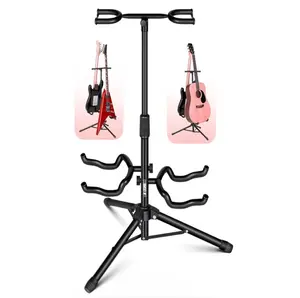 Double Guitar Stand – Adjustable Folding Floor Stand with Neck Holder for Acoustic, Electric & Bass Guitars | Portable Universal 2 Guitar Rack