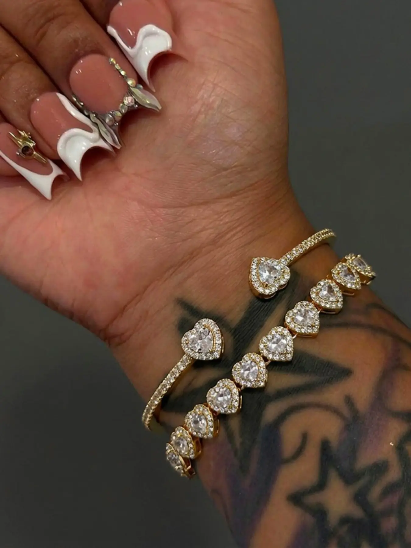 2-Piece Elegant Heart-Shaped Zircon Bracelet Set, Women's Luxury Party Jewelry, Stackable Bangles, Perfect for Daily Wear and Gifts, Copper Bangle