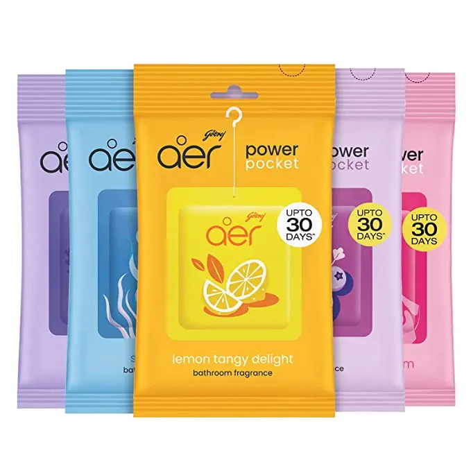 Godrej Aer Power Pocket Hanging Air Freshener with Hanging Hook - Assorted Scents Set of 5 (Lemon, Rose, Fresh, Berry, Lavender) - Colorful, Long-Lasting Aroma, Guest-Ready Home Fragrance, Small Rooms, Citrus Floral Aroma, Lavender Scent
