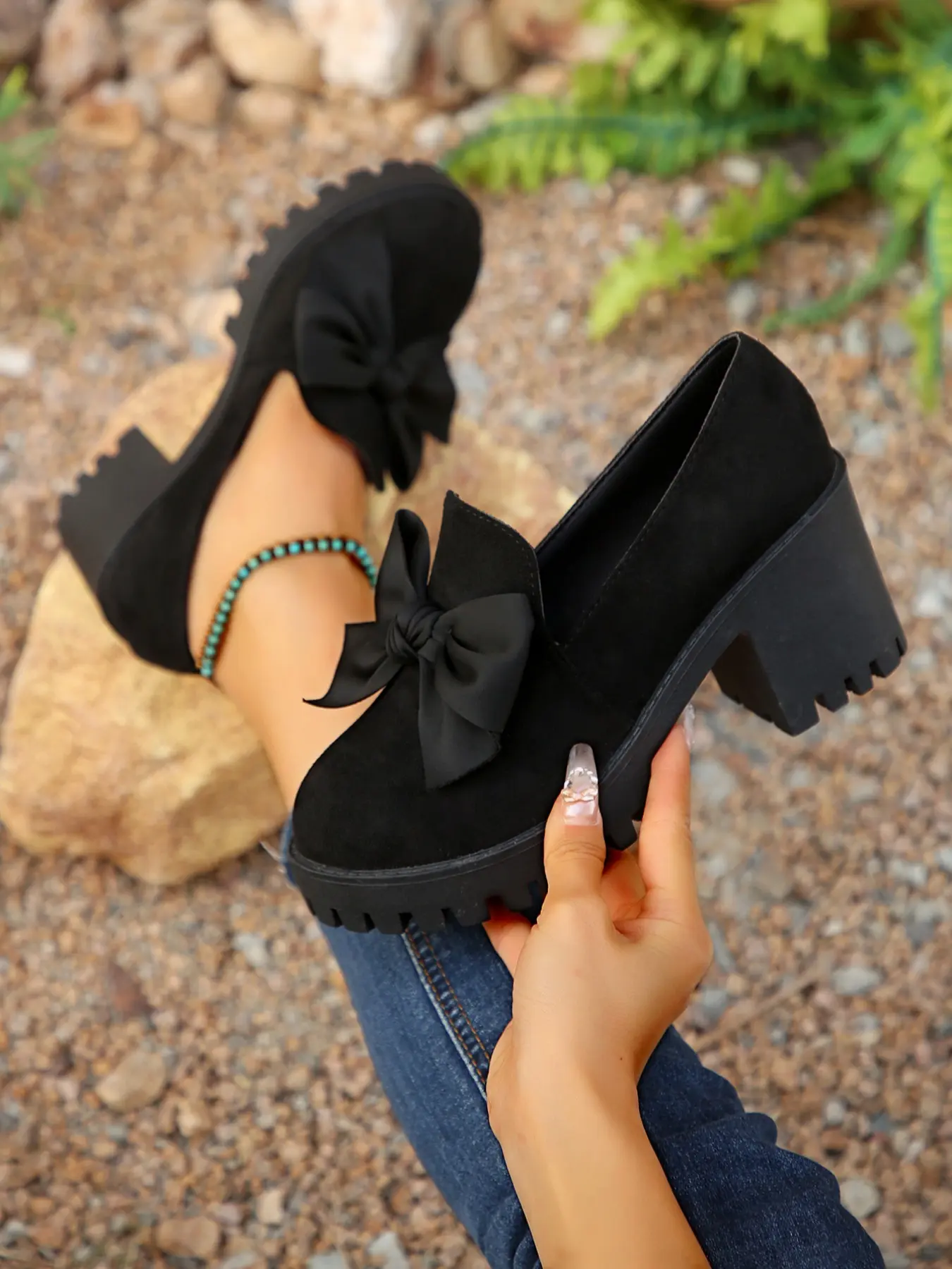 Women's Fashion Elegant Classy Bow Design Slip-On Groovy Platform Heels Loafers, Casual Fall Winter Shoes, Comfortable Round Toe Daily Wear, Thick Sole Rubber Leather Boots Footwear
