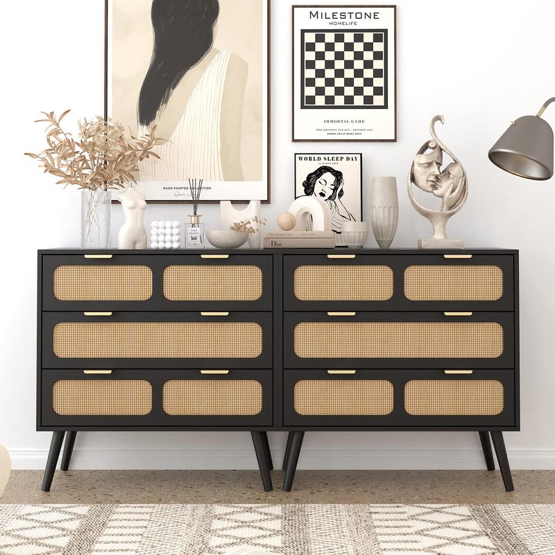 Giratree 3 Drawer Dresser, Modern Rattan Dresser Chest with Wide Drawers and Metal Handles, Farmhouse Wood Storage Chest of Drawers for Bedroom, Living Room, Hallway, Entryway