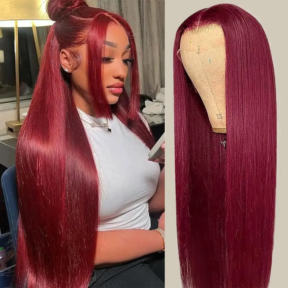 Women's 13x4 HD Transparent Lace Front Wig - 28 Inch Synthetic 99J Burgundy Wine Red, Pre-Plucked Glueless Frontal  Wig, Soft Easy-Care, Beginner Friendly, Fit Well, for Weddings Back to School, Black Girl Hairstyles