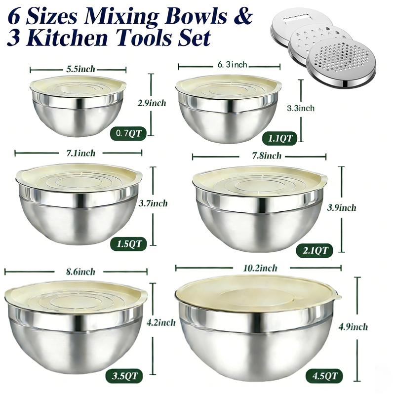 6 Piece Mixing Bowl with Lids Set,Stainless Steel Storage Bowls Kitchen,3 Grinder Attachments,Tableware Food Organizer Nesting Bowls Cooking Baking Airtight