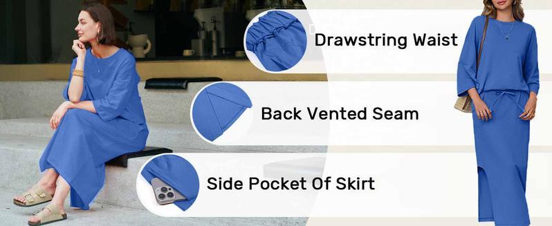Mundoven Womens 2 Piece Skirt Sets Oversized 3/4 Sleeve Top and Maxi Skirt Fall Matching Outfits Travel Vacation Set Mundoven Womens 2 Piece Skirt Sets Oversized 3/4 Sleeve Top and Maxi Skirt Fall Matching Outfits Travel Vacation Set