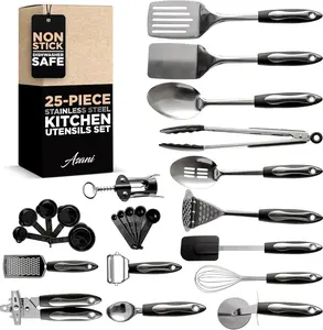 25-Piece Stainless Steel Kitchen Utensil Set | Non-Stick Cooking Gadgets and Tools Kit | Durable Dishwasher-Safe Cookware Set | Kitchenware Gift Idea, Best New Apartment Essentials