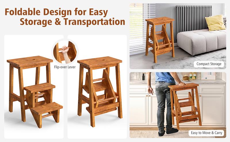 【Costway】3 Tier Folding Step Stool/Ladder Chair, 24"/30"/35" 3-in-1 Wood Foot Stool Display Storage Shelf Flower Rack for Home, Kitchen, Library