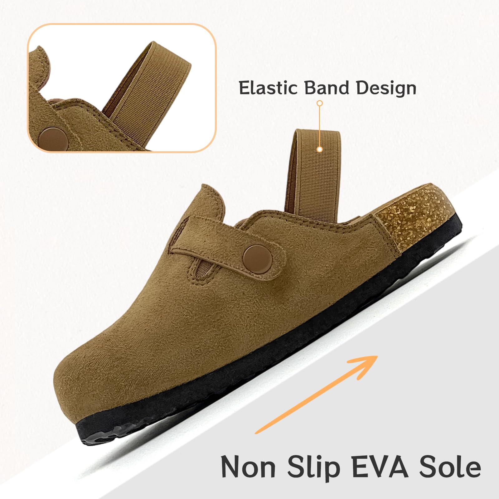 Kids Suede Clogs Toddler Clogs Boys Girls Sandals Cork Footbed Indoor Outdoor Cute Sandals Classic Adjustable Buckle Round Toe Anti Slip Soft Footwear Comfortable Slip On Design
