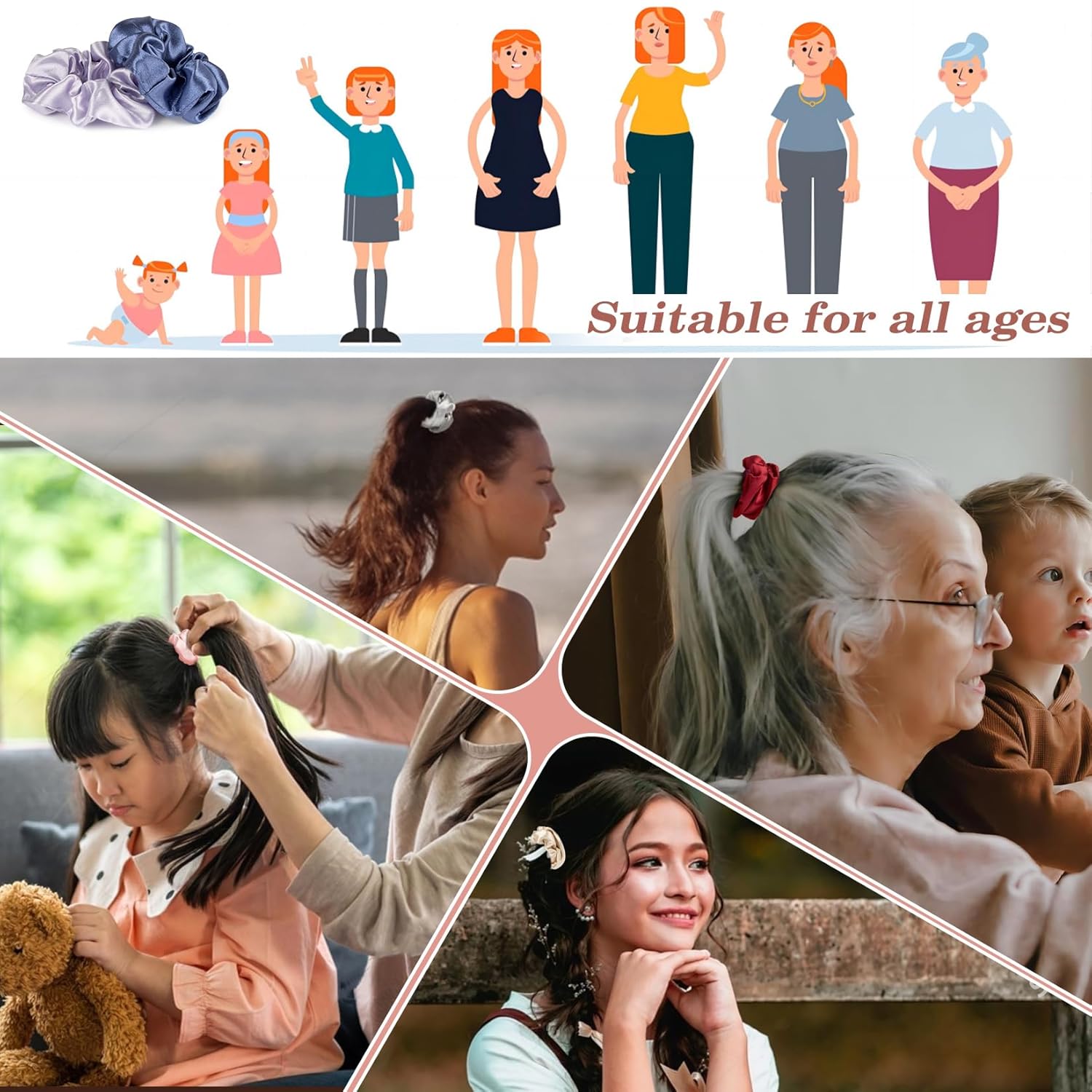 Silk 10 Count Bulk Scrunchies - No Large Satin Scrunchies for Women, Men, Girls, Teens & Ponytail Holders - Bright & Neutral Colors