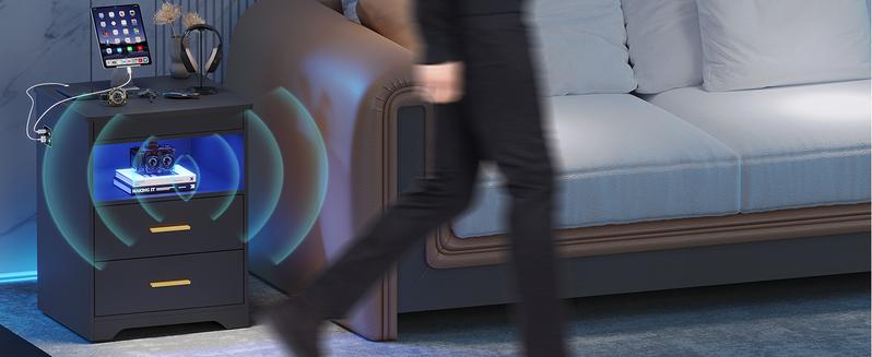 MIU Nightstand  Gun & jewelry With Sliding Top Charging Station And LED Lights Furniture Bedroom Modern Design Bedside Table Drawer Home