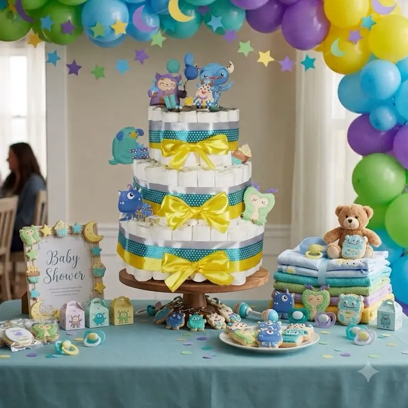 Monster Diaper Cake Kit - Gender Neutral 3-Tier Make-Your-Own Festive Decor, Home Decor, Light Blue Polka Dot Party Table Centerpiece & Gift with Reusable Base, Baby Shower