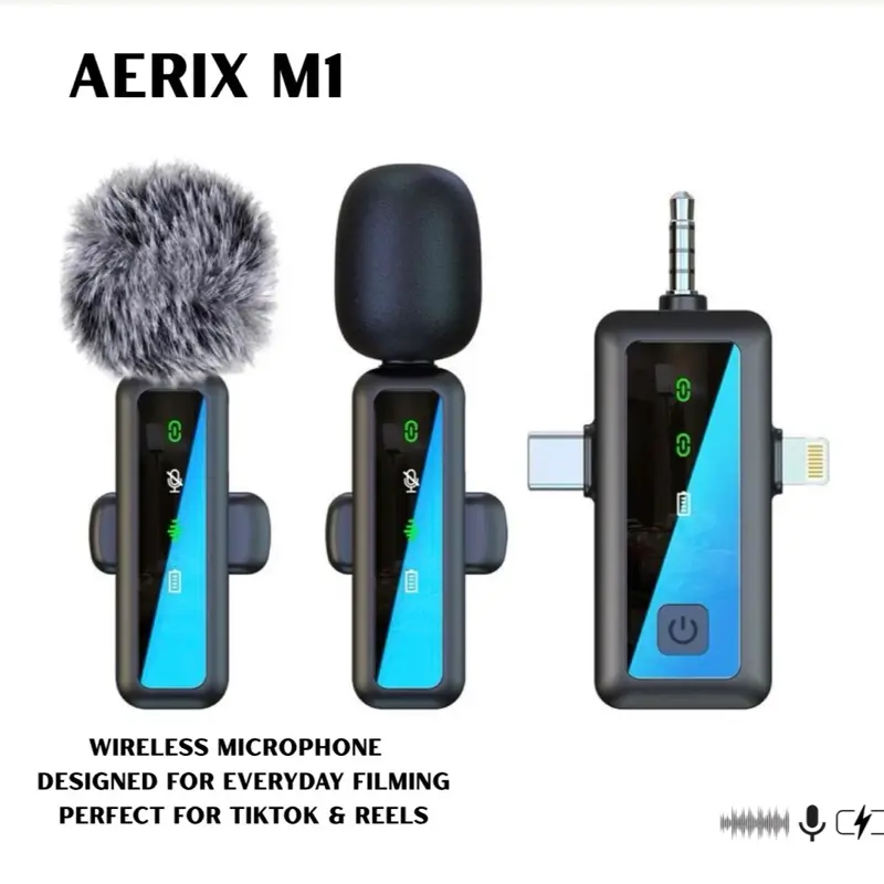 AERIX M1 Dual Wireless 3-in-1 Mini Microphone for iPhone Android & Camera Devices Crystal Clear Sound Omnidirectional Noise Reduction Clip-on Mic for Outdoor Video Recording Live Streaming