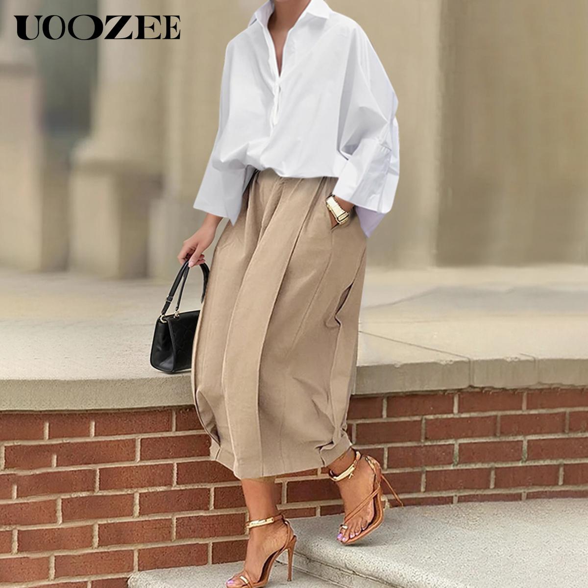 UOOZEE Women's Khaki Loose Multicolor Cropped&Long Trousers 100% Cotton Soft Summer&Autumn/Winter Comfortable Breathable Fabric Elastic Waistband Lantern Pants with Pockets Casual Style Bottoms Outfit Minimalist Spring Basic teacher outfits