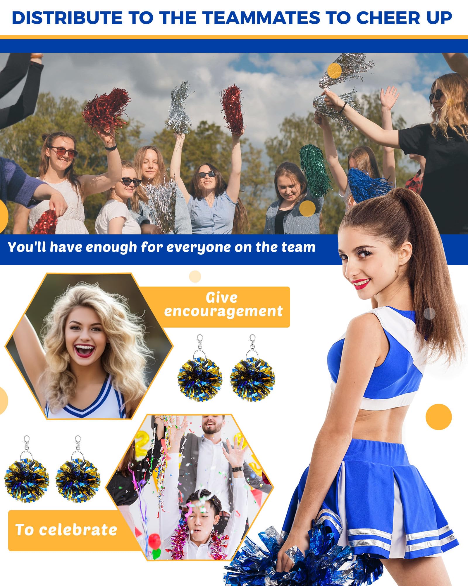 20 Pcs Cheer Pom Pom Keychains Cheerleading Graduation Gift Pendant Charm Foil with Keychain Hooks for Students Class Friends School Cheerlead Team Gift Backpack Accessories Decoration