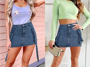 Vogatiques Womens Denim Mini Skirts Summer Trendy Going Out Beach Outfits Comfort Low Waist Cargo Denim with Pockets DSKIRT231122 Womenswear Bottom