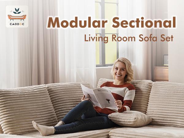 OOSWIFT 135" Boneless Modular Sectional Sofa - High-Density Foam & Pocket Spring, Plush Corduroy CloudCouch with Deep Seat, Ultra-Soft Pet & Kid FriendlyThickened Cushion for Large Living Room Family Lounge,Ideal for Working Reading Relaxing