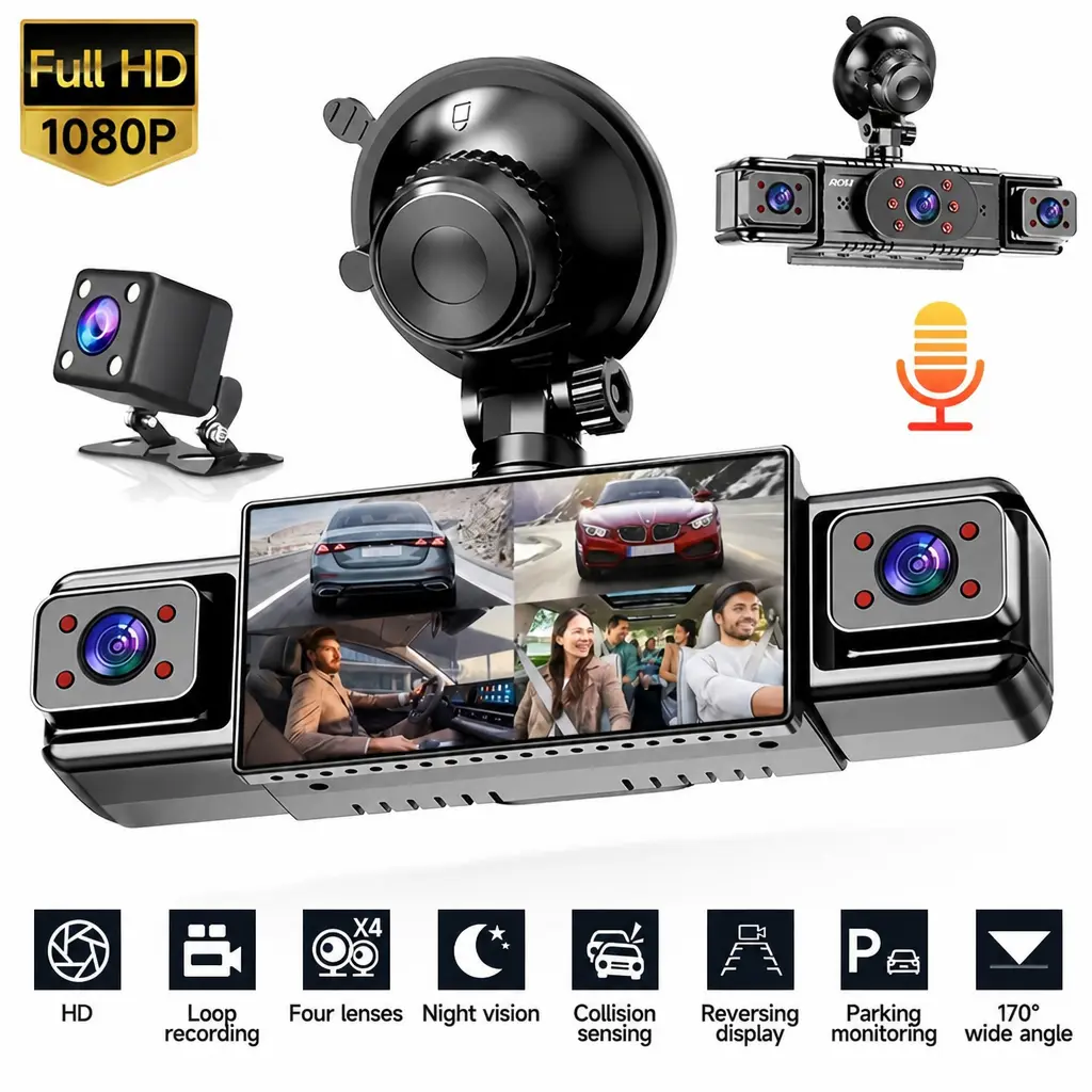 4-Channel Automotive Driving Recorder HD Car Dashcam with Free 64GB Memory Card, Plug-and-Play Non-Wireless Design, Night Vision, Gravity Sensor, Loop Recording, Front Rear Left Right Wide-Angle Cameras, Father’s Day Gift