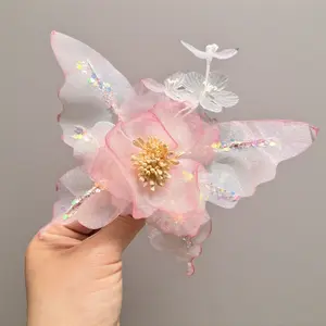 Elegant Large Flower Hair Clip with Sparkly Butterfly Accents Handmade High-End Headpiece for Special Occasions and Everyday Elegance