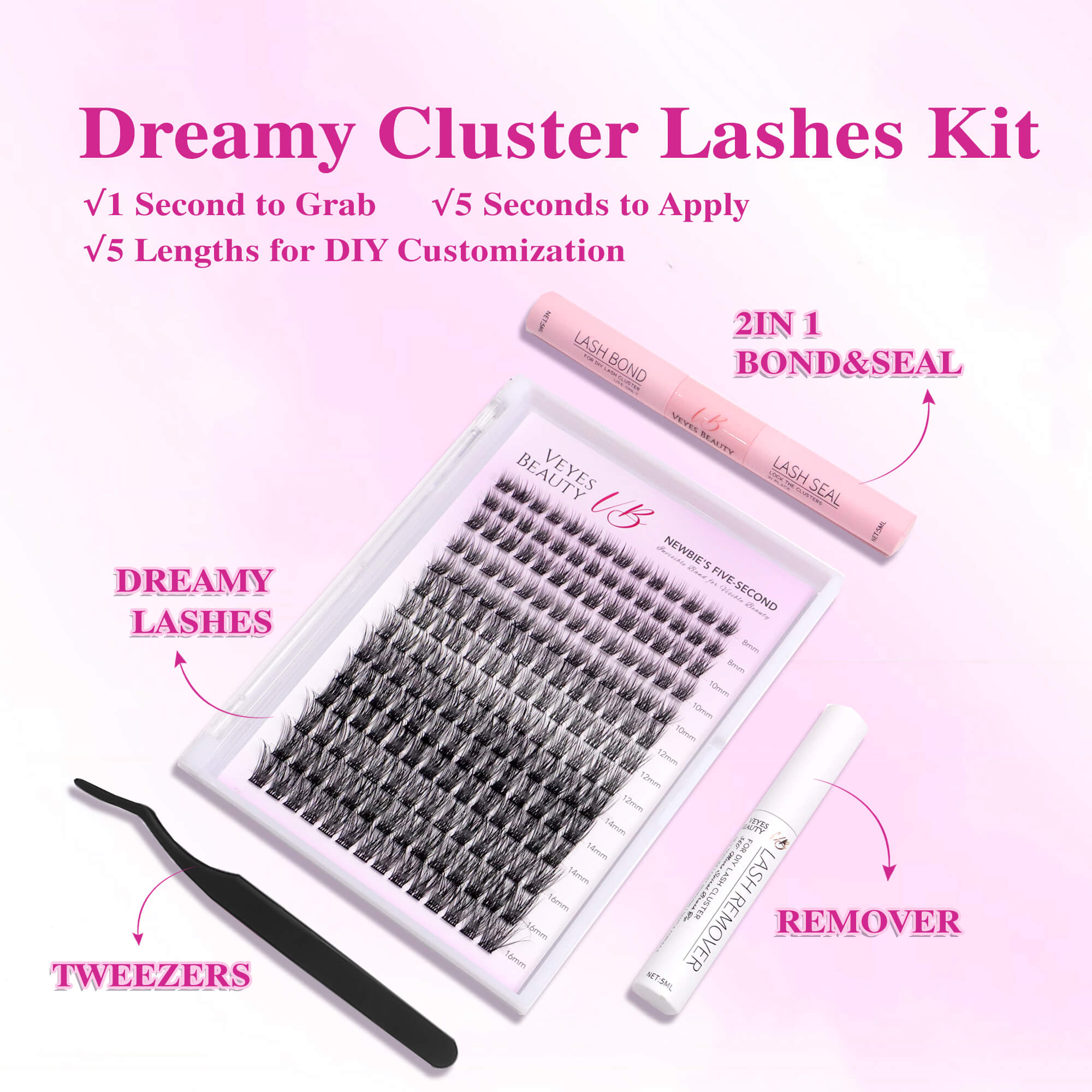 VEYESBEAUTY Dreamy Cluster Lashes Kit Individual Lash Extensions With Bond & Seal+ Tweezer Newbie's Five-Second DIY Dramatic Volume Eyelash Wispy Faux Mink Lash Mixed Length Tray for Self Application at Home Makeup Cosmetic