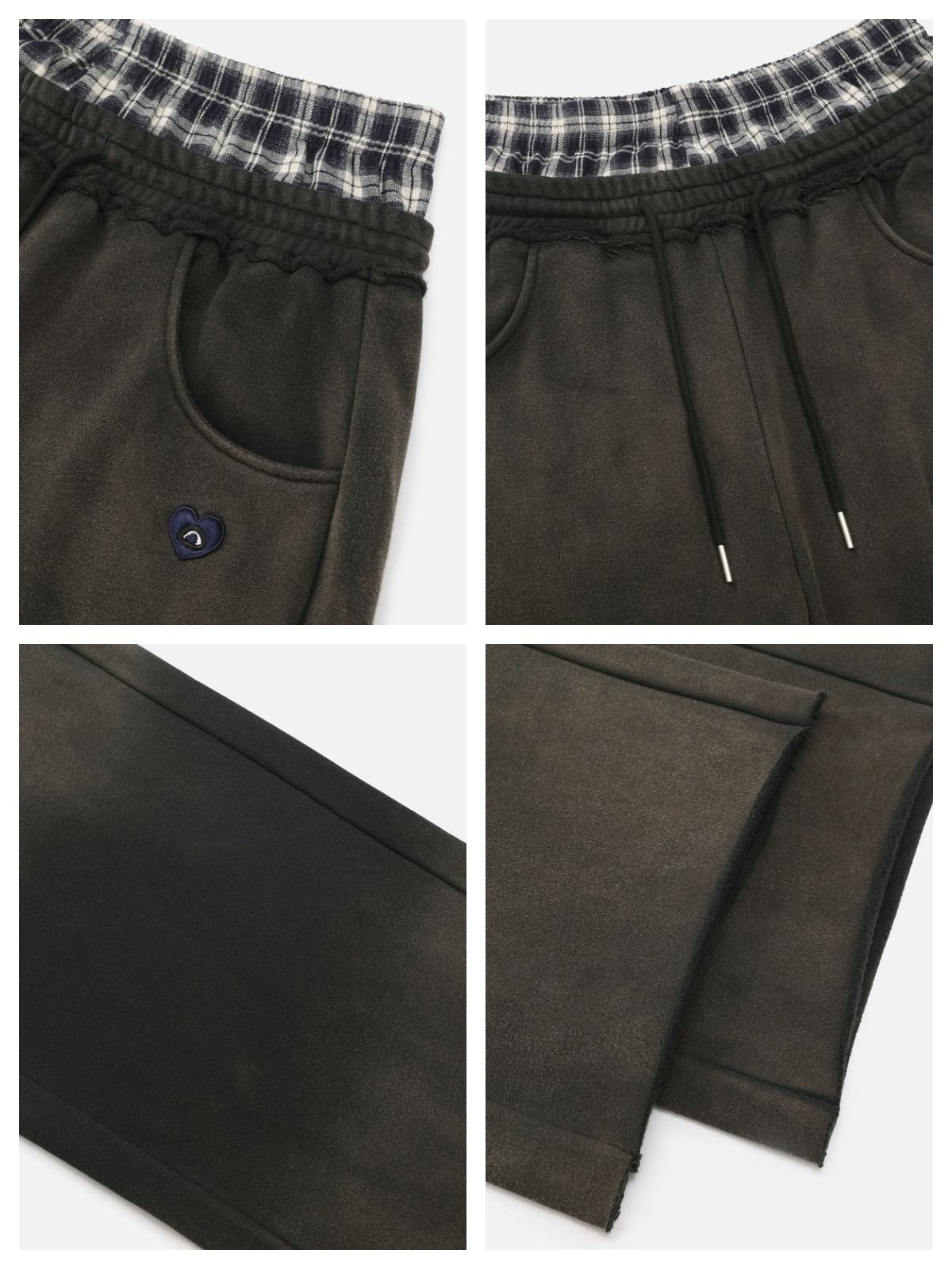 Aelfric Eden Double Waist Washed Baggy Sweatpants Loose Wide Leg Plaid Patchwork Casual Pants with Pockets