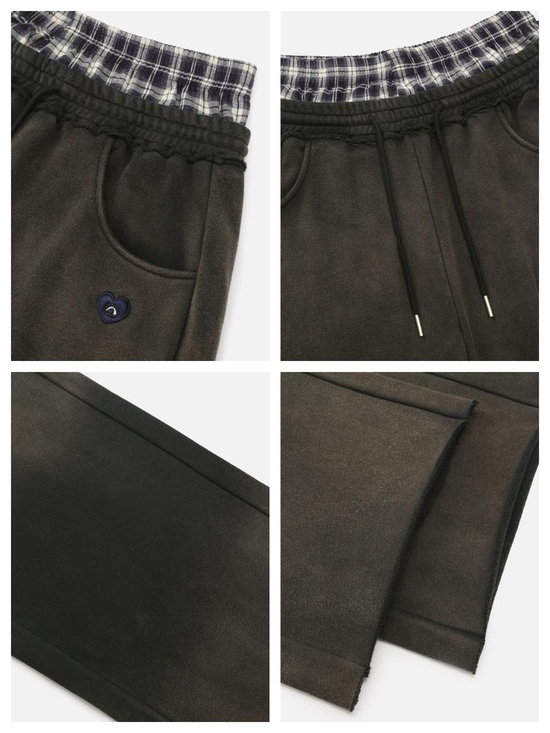 Aelfric Eden Double Waist Washed Baggy Sweatpants Loose Wide Leg Plaid Patchwork Casual Pants with Pockets