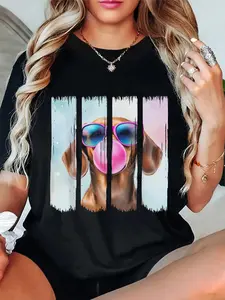 100% Cotton Unisex Doxie Dog Blowing Bubblegum Wearing Glasses Cute Dachshund T-Shirt