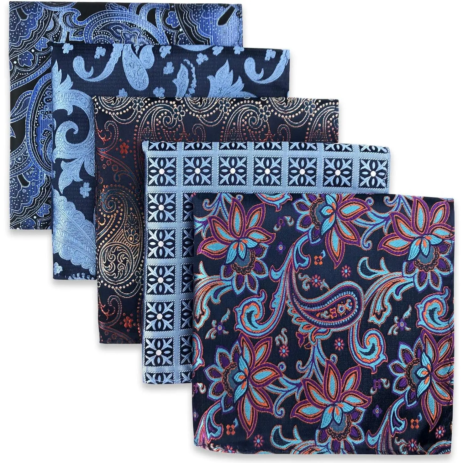 Men's 5-Count Silk Pocket Square Set - 5 Pieces Handmade 12.6x12.6in Handkerchiefs, Dry Cleaning Compatible, Male Accessory, Gift for Boyfriend