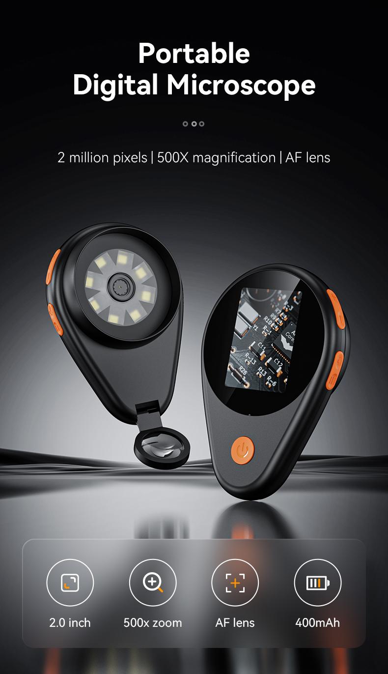 Upgraded 2‘’ Portable Handheld Magnifying Glass,200w Pixel,Built-in 8 Auto Focus AF Lens,With 500x Magnification,Compatible with Windows, Mac OS