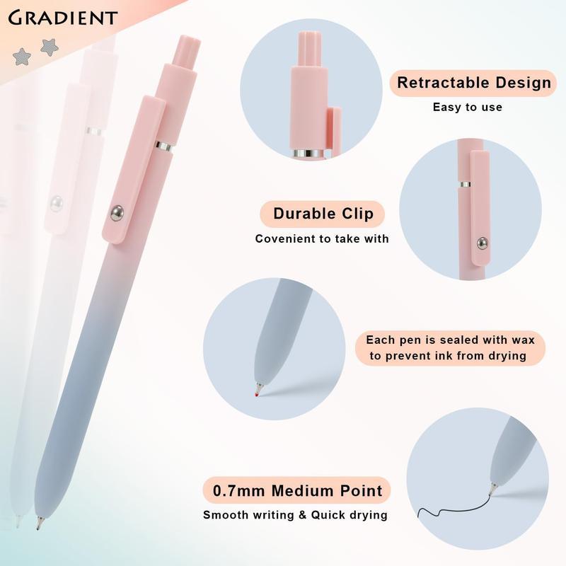 Quick Dry Black Gel Ink Pen Fine Point 0.7mm Retractable with Gradient Color Barrel Soft Silicone Grip Detachable Design for Note Taking Silent Click Pen Set 5 10 20pcs