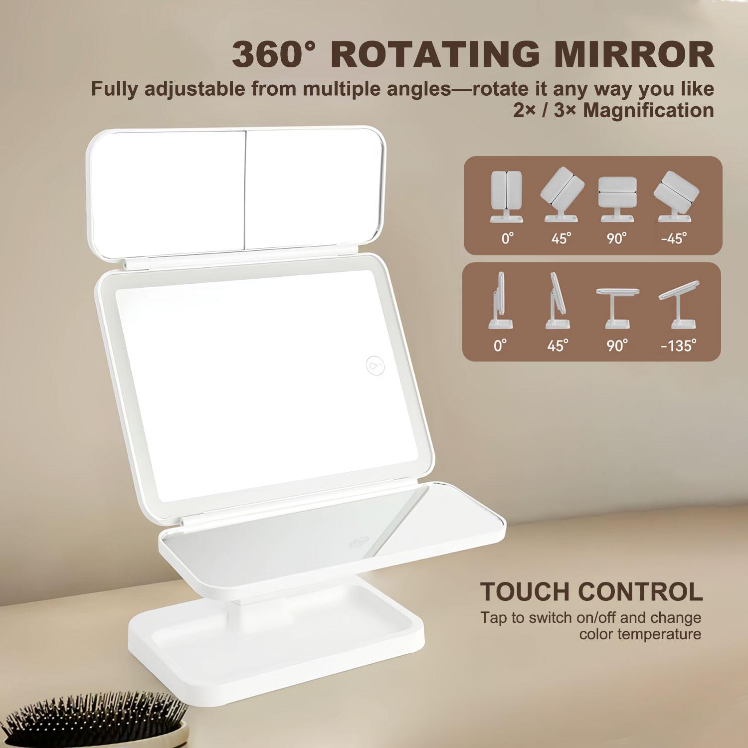 Tri-fold design, lightweight and portable. Features three-color LED lighting, 2×/3× magnification, and 180° rotation for clear details. Ideal for Valentine’s Day gifts, makeup, office use, travel, outdoor use, bathroom, bedroom, and daily skincare.