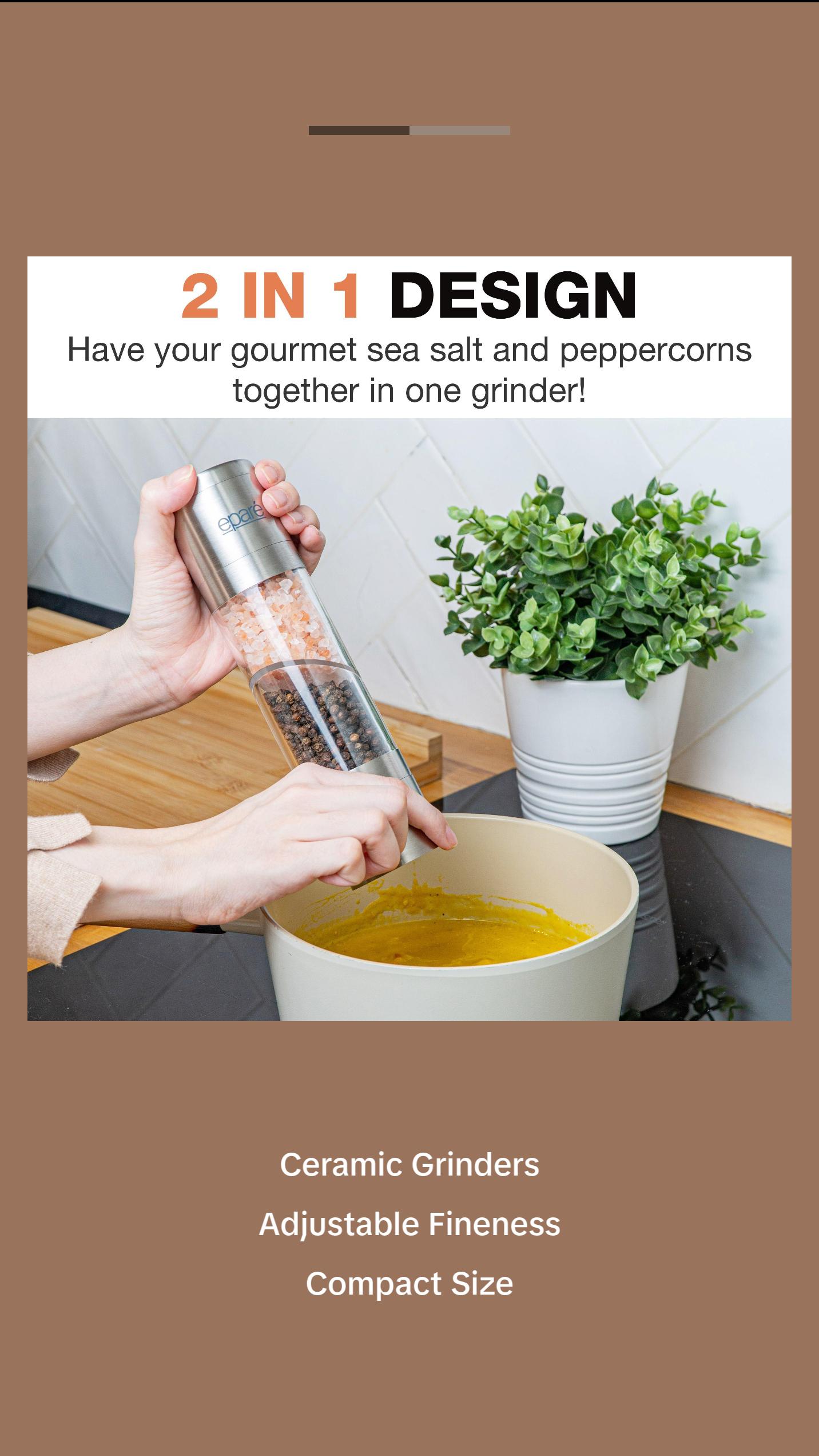 Eparé Dual Salt and Pepper Grinder Combo - 2 in 1 Refillable Peppermill Grinders
