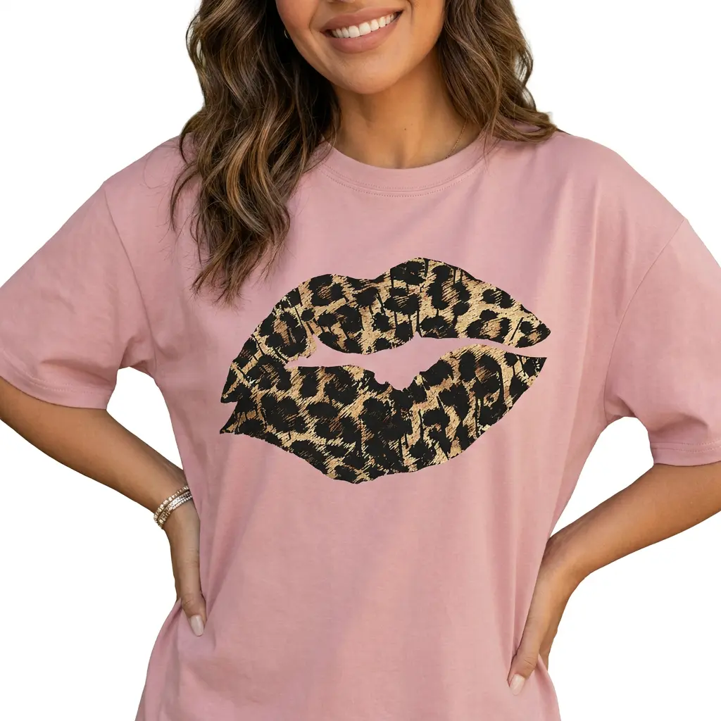 Leopard Print Lips Graphic Tee Women Plus Size Animal Print Shirt