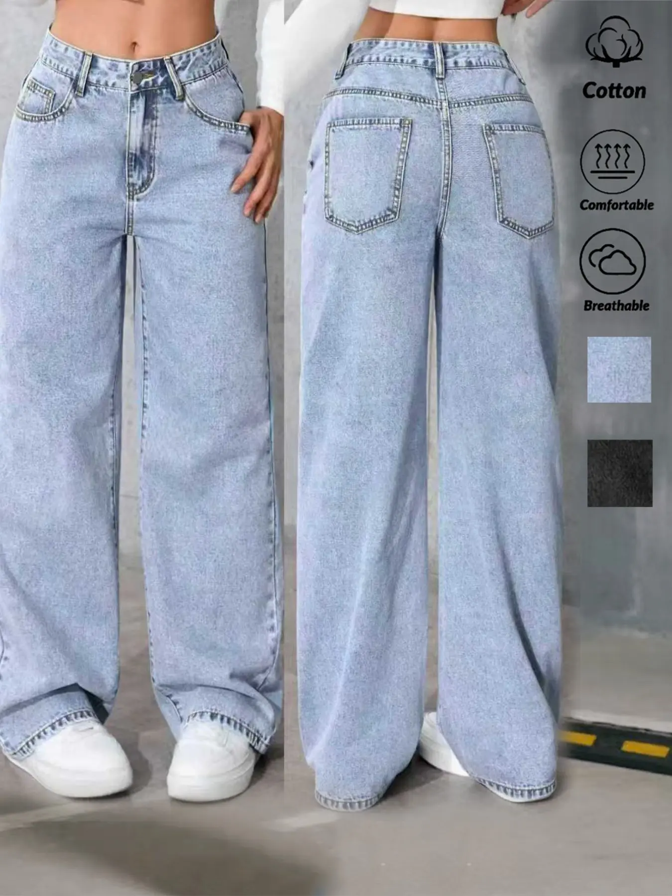 High Waist Blue Light Wash Wide Leg Baggy Denim Jeans for Women, Pants with Pockets, High Waisted Jeans, Multi-Functional Loose Fit, Button Detail, Pocket, College Style Fashion Bottoms