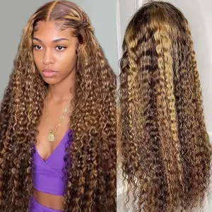 (100% Remy Human Hair) MSCLARA Honey Blonde Highlight Water Wave Wig Human Hair 13x6 HD Lace Front Wig 200% Density Long Deep Curly Wig for Black Women P4/27 Color Wig Natural Hairline Soft Full Wet & Wavy Look Tiny Knots