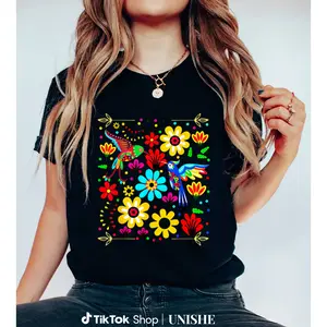 Mexicana Inspired Otomi T-Shirt with 100% Cotton and Beautiful Floral Bird