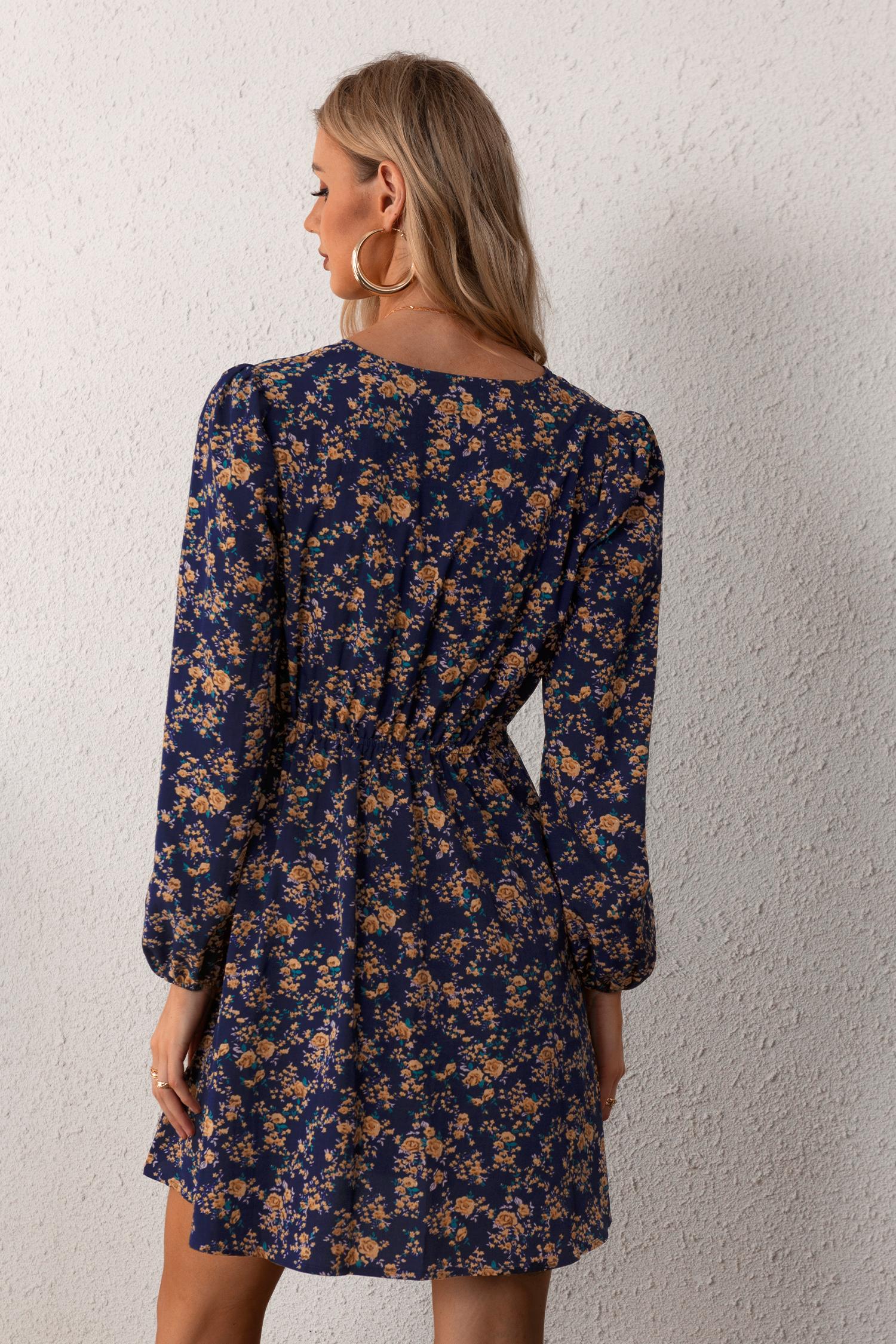 CUPSHE Fall Alison Ditsy Floral Comfort Peasant Sleeve Mini Dress Long Sleeve Dresses Surplice neckline Casual Womenswear Bohemian Boho Vneck Fall dress Summer Navy business casual outfits women