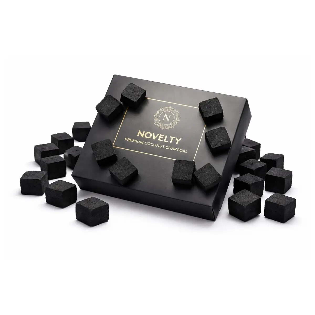 Novelty Premium Coconut Shell Charcoal Cubes, 25mm, 72 Pieces, 1kg Box, Natural Long Lasting Clean Even Burn, Low Ash, No Chemicals