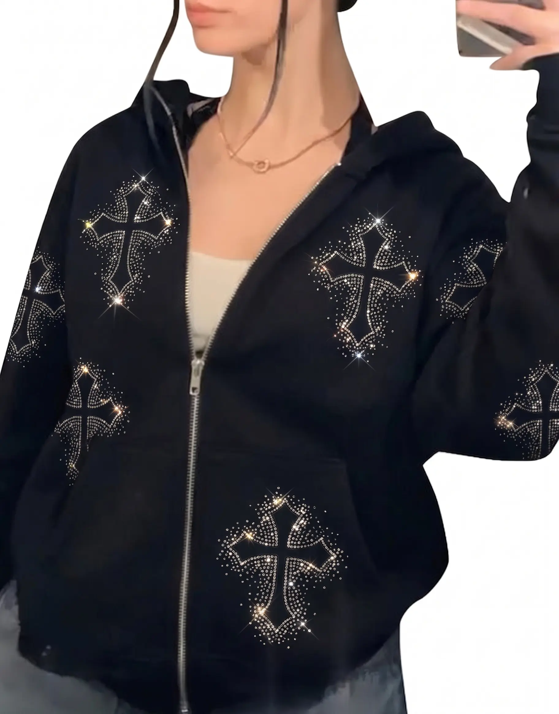 Women Men Y2K Zip Up Oversized Hoodie Gothic Cross Graphic Emo Grunge Baggy Fleece Jacket 90s Punk Streetwear Style Polyester Womenswear Fashion