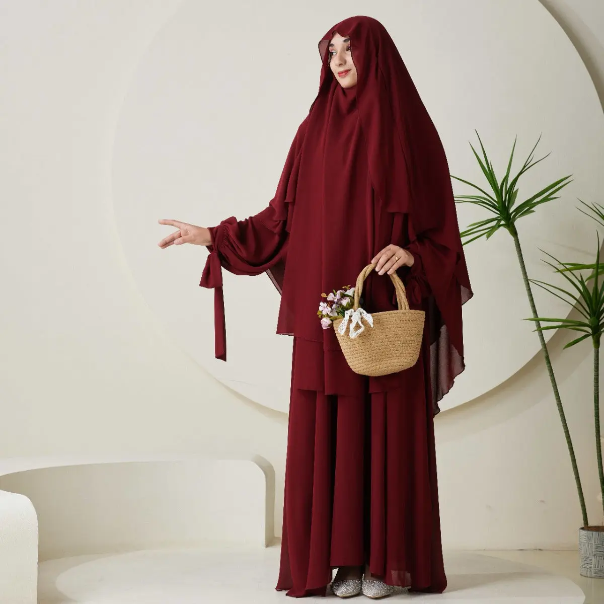 Women's Modest 2-Piece Chiffon Butterfly Sleeve Khimar Set, Women's Clothes for Hajj (NCS009), Clothing