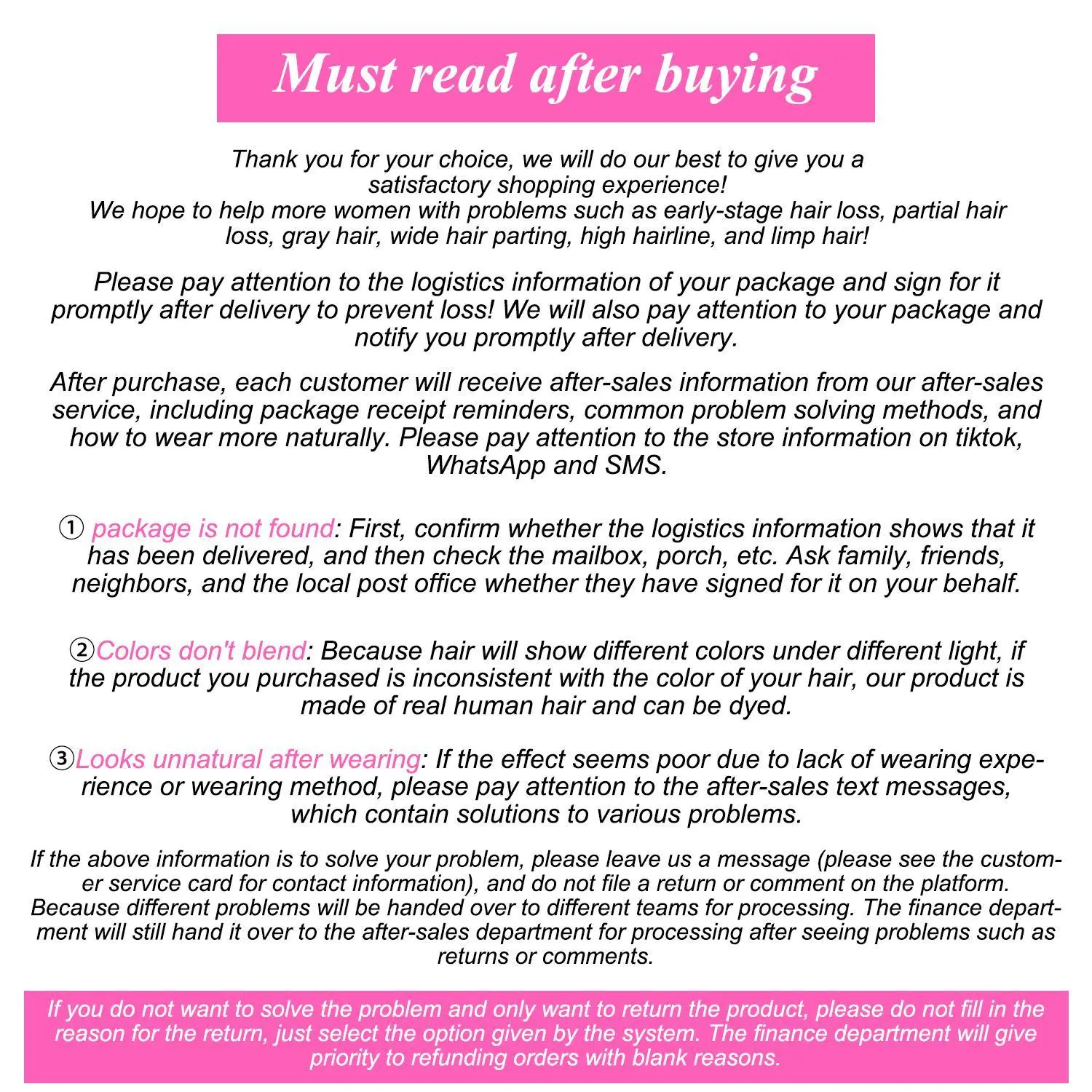 Hair Product for Adults - Critical After Purchase Information, All Seasons Guidance, Customer Service Contact Information Note (Read Post-Purchase)