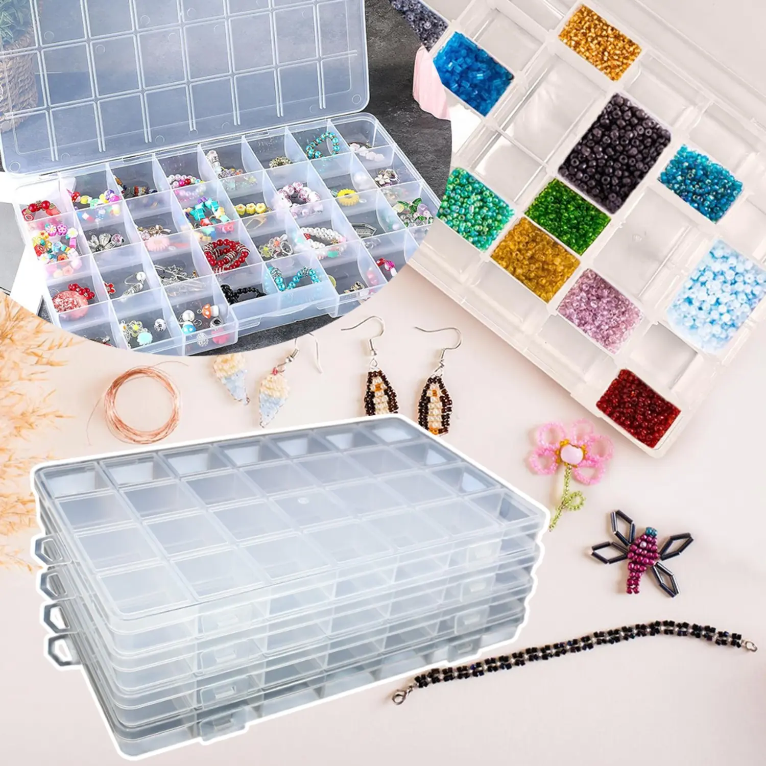 4Pcs/Set 28 Grids Bead Organizer Plastic Organizer Box with Fixed Dividers,Small Parts Container Clear Box for Jewelry Beads,Sewing,Drawing,Halloween Christmas Party Fathersdaygift,Hand Tools Kits